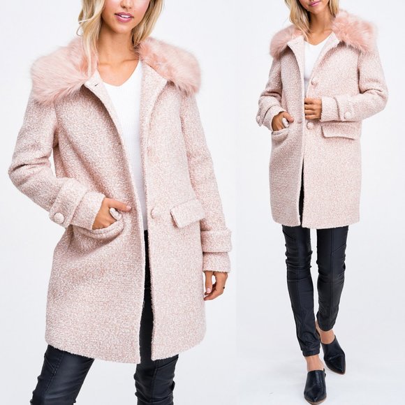 Pink Faux Fur Collar Wool Blend Single Breast Coat - Picture 2 of 10